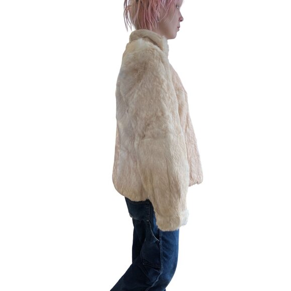 Vintage 1980s White Rabbit Fur Coat Car Length Puff Sleeve Stand-Up Collar M - Picture 3 of 11